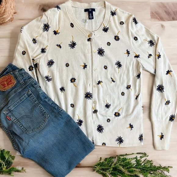 Gap Dandelions Floral Women's Tan and White Cardigan - Picture 1 of 4